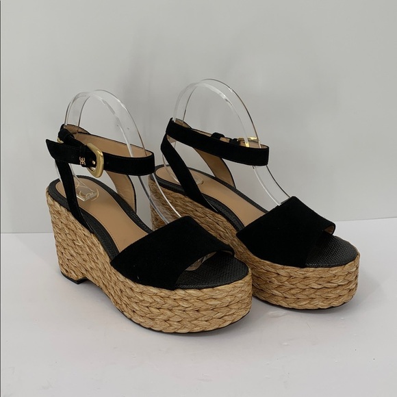 Sam Edelman April platform wedge espadrille sandal shoe black suede new 10 - Picture 2 of 6